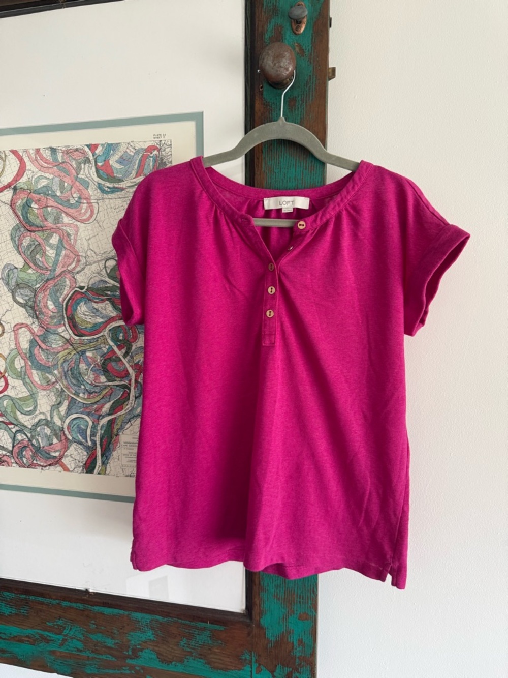 LOFT Short Sleeve Henley Top in Fuchsia Pink